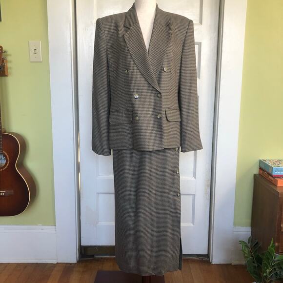VTG Rena Rowan Saville 2pc Wool Skirt Suit Coat 14/Skirt 12 Houndstooth Corpcore - Picture 1 of 14